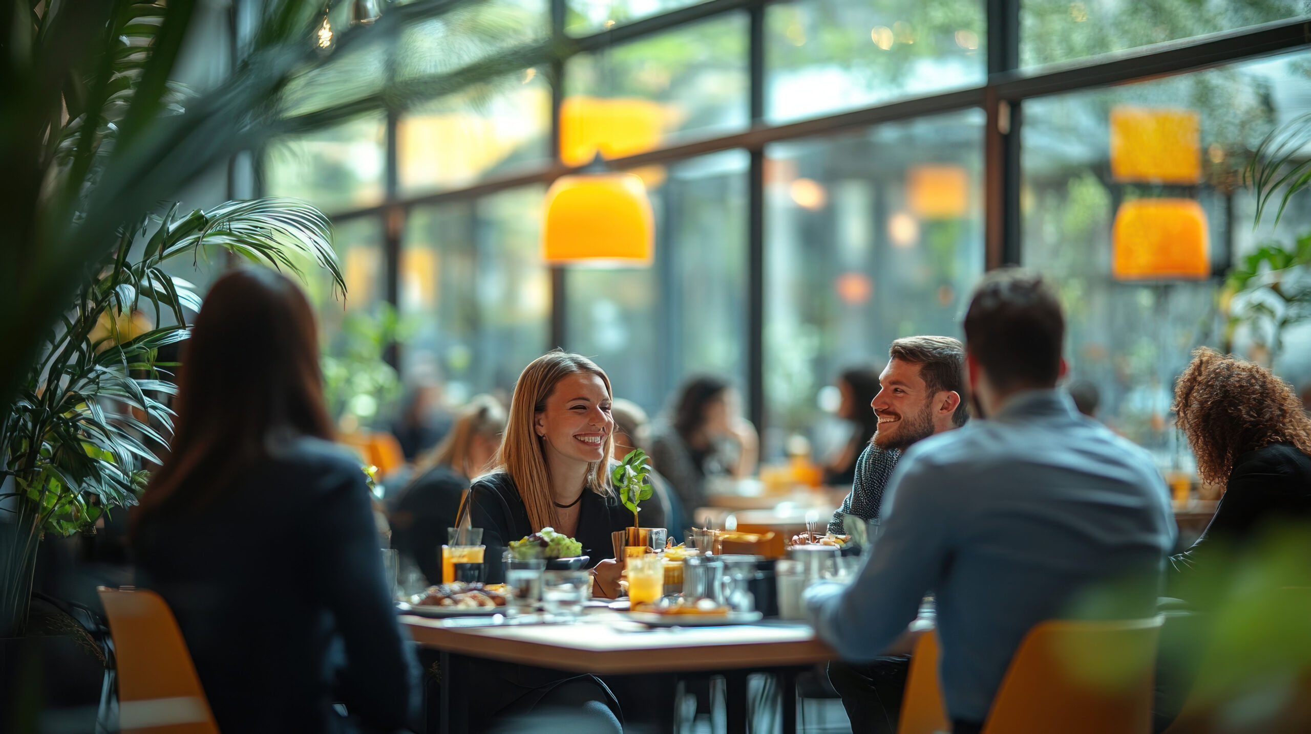 Colleagues sharing a group meal in a sunlit restaurant