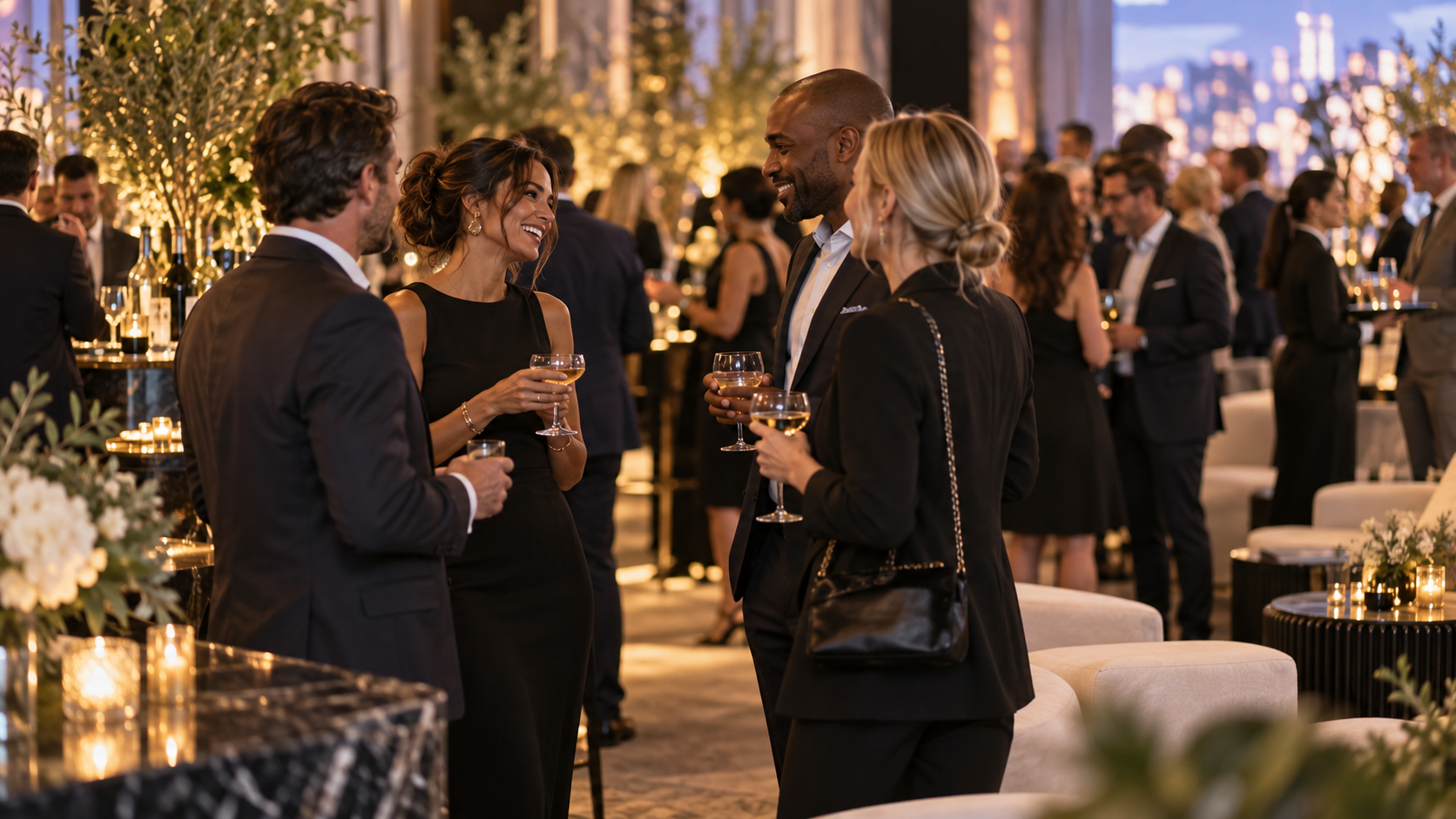 Guests mingling with drinks at an evening corporate reception with city lights in the background