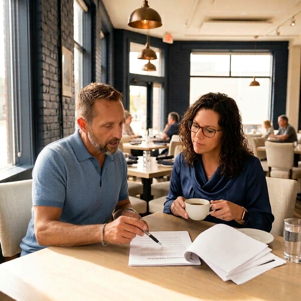Event planner and client reviewing a corporate event proposal over coffee