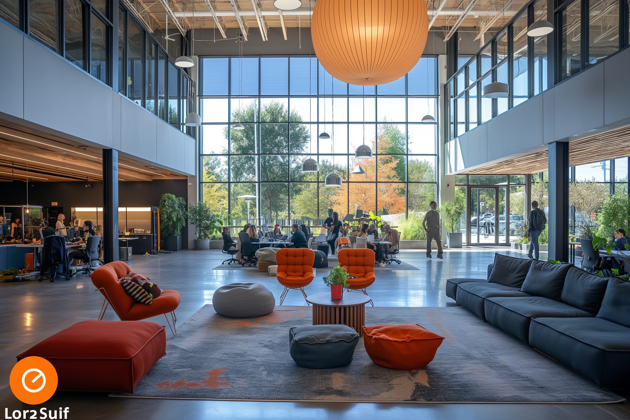 Bright, open modern office space with lounge seating